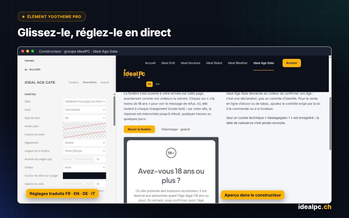 L’élément Ideal Age Gate dans le builder YOOtheme Pro